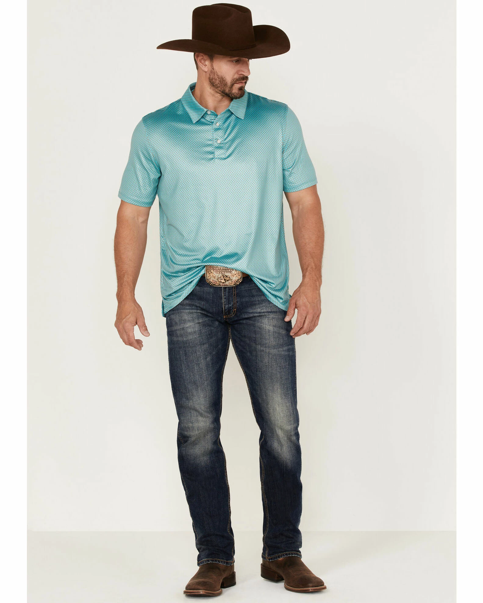 Panhandle Men's Performance Teal Geo Print Short Sleeve Snap Polo Shirt 4 Panhandle Men's Performance Teal Geo Print Short Sleeve Snap Polo Shirt - Image 2