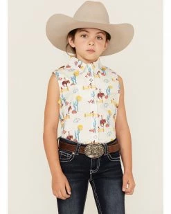Panhandle Girls' Cowboy Horse Print Sleeveless Western Snap Shirt Turquoise