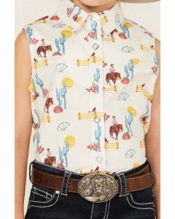 Panhandle Girls' Cowboy Horse Print Sleeveless Western Snap Shirt Turquoise -Panhandle shop 2000368061 440 P3