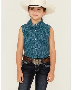 Panhandle Girls' Horseshoe Print Sleeveless Western Snap Shirt Turquoise -Panhandle shop 2000368062 440 P1 1