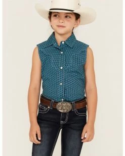 Panhandle Girls' Horseshoe Print Sleeveless Western Snap Shirt Turquoise