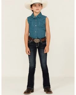 Panhandle Girls' Horseshoe Print Sleeveless Western Snap Shirt Turquoise -Panhandle shop 2000368062 440 P3