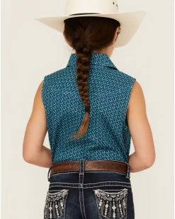 Panhandle Girls' Horseshoe Print Sleeveless Western Snap Shirt Turquoise -Panhandle shop 2000368062 440 P4