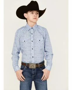 Panhandle Boys' Medallion Print Long Sleeve Western Snap Shirt Blue