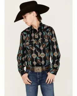 Panhandle Boys' Southwestern Stripe Long Sleeve Snap Western Stretch Shirt Turquoise -Panhandle shop 2000368081 440 P1 1