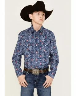 Panhandle Boys' Paisley Stripe Wallpaper Print Long Sleeve Snap Shirt Navy -Panhandle shop 2000368087 410 P1 1