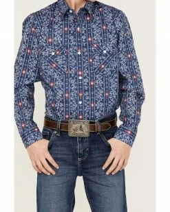 Panhandle Boys' Paisley Stripe Wallpaper Print Long Sleeve Snap Shirt Navy -Panhandle shop 2000368087 410 P3