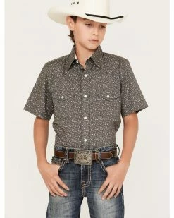 Panhandle Boys' Horseshoe Print Short Sleeve Western Snap Shirt Yellow