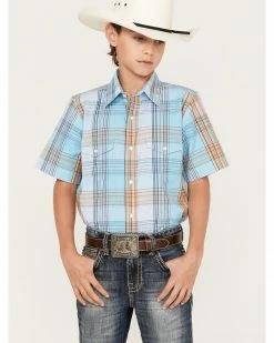 Panhandle Boys' Plaid Print Short Sleeve Western Snap Shirt Light Blue -Panhandle shop 2000368089 450 P1 1
