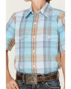 Panhandle Boys' Plaid Print Short Sleeve Western Snap Shirt Light Blue -Panhandle shop 2000368089 450 P3