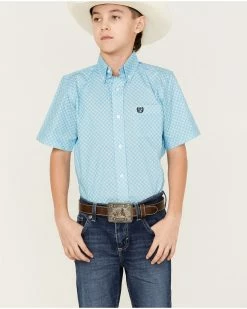Panhandle Boys' Geo Print Short Sleeve Button-Down Shirt Light Blue