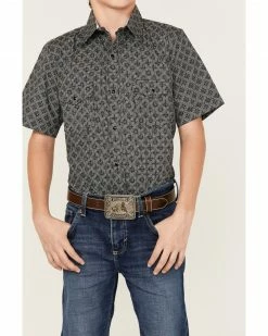 Panhandle Boys' Geo Print Short Sleeve Western Snap Shirt Silver -Panhandle shop 2000368094 040 P3