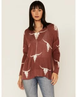 Panhandle Women's Longhorn Skull Knit Sweater Rust Copper