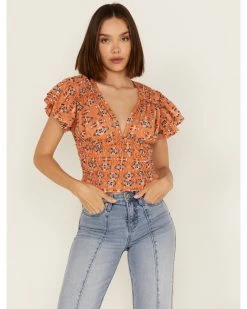 Panhandle Women's Southwestern Print Smocked Flutter Sleeve Crop Top Orange -Panhandle shop 2000368498 800 P1 1