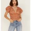 Panhandle Women's Southwestern Print Smocked Flutter Sleeve Crop Top Orange -Panhandle shop 2000368498 800 P1