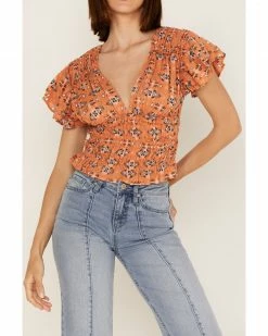 Panhandle Women's Southwestern Print Smocked Flutter Sleeve Crop Top Orange -Panhandle shop 2000368498 800 P3