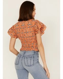 Panhandle Women's Southwestern Print Smocked Flutter Sleeve Crop Top Orange -Panhandle shop 2000368498 800 P4