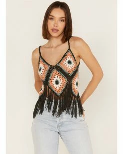 Panhandle Women's Crochet Patchwork Fringe Crop Top