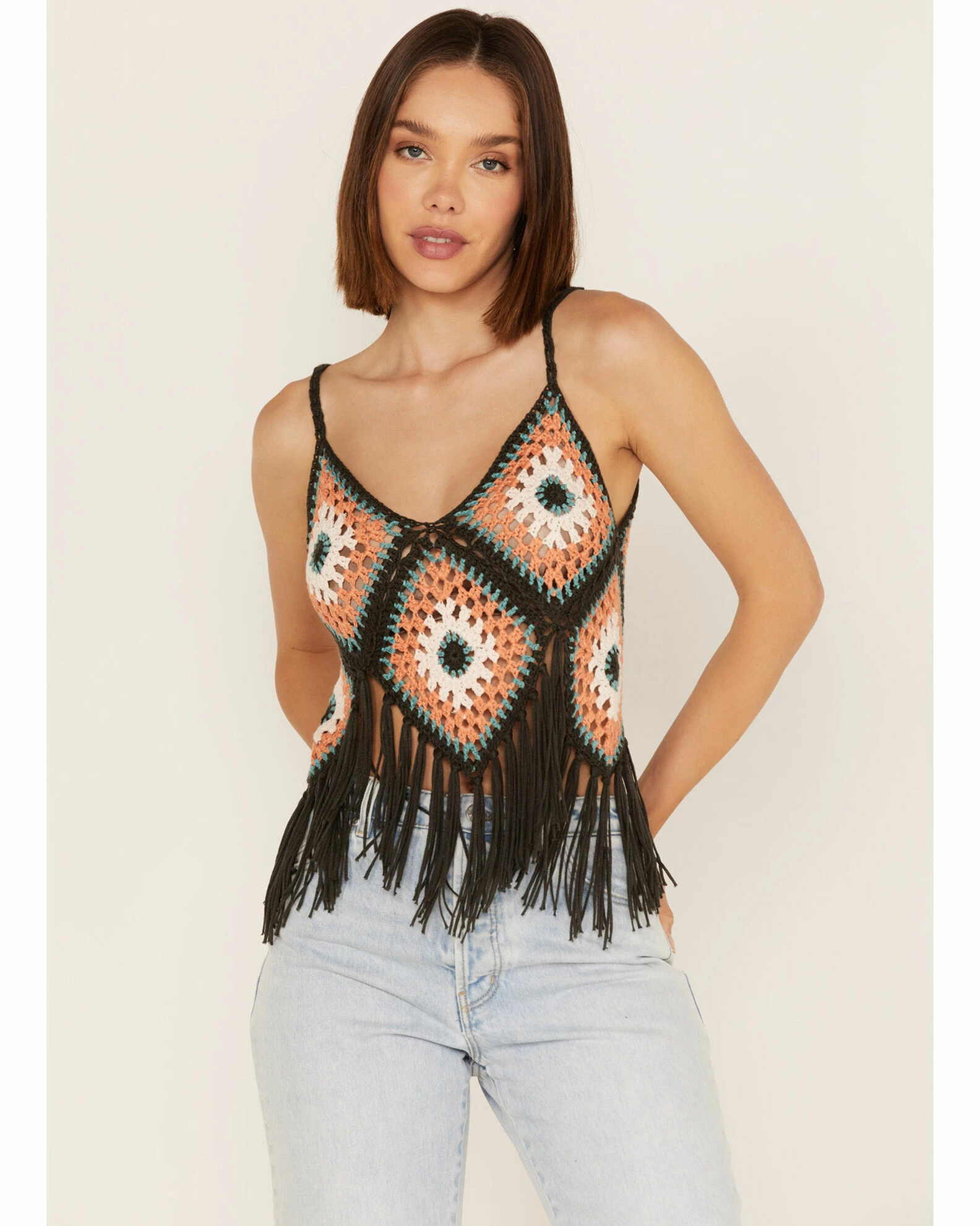 Panhandle Women's Crochet Patchwork Fringe Crop Top 3 Panhandle Women's Crochet Patchwork Fringe Crop Top