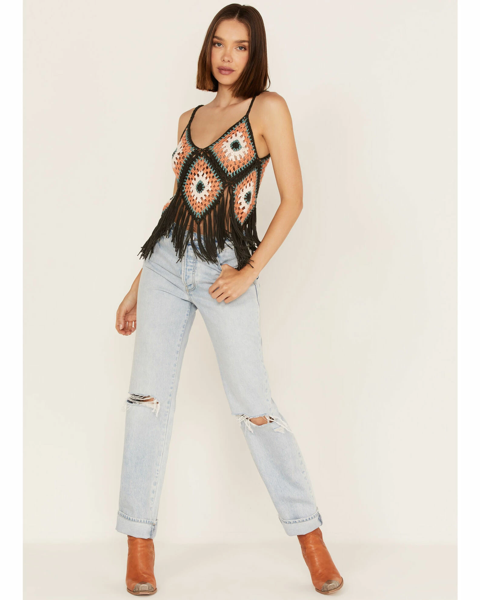 Panhandle Women's Crochet Patchwork Fringe Crop Top 4 Panhandle Women's Crochet Patchwork Fringe Crop Top - Image 2