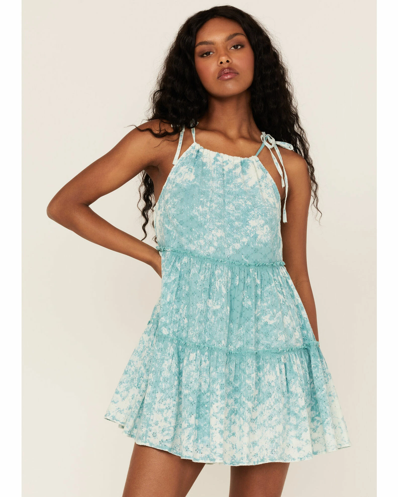 Panhandle Women's Eyelet Halter Ruffle Dress Teal 3 Panhandle Women's Eyelet Halter Ruffle Dress Teal