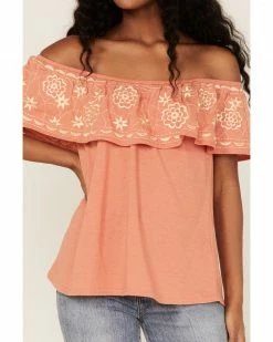 Panhandle Women's Embroidered Flounce Off Shoulder Top -Panhandle shop 2000368502 800 P3