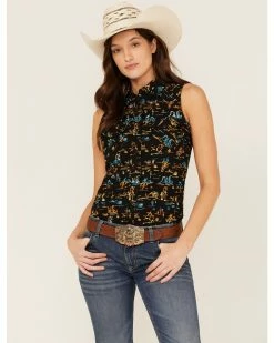 Panhandle Women's Desert Scene Print Sleeveless Work Shirt Black
