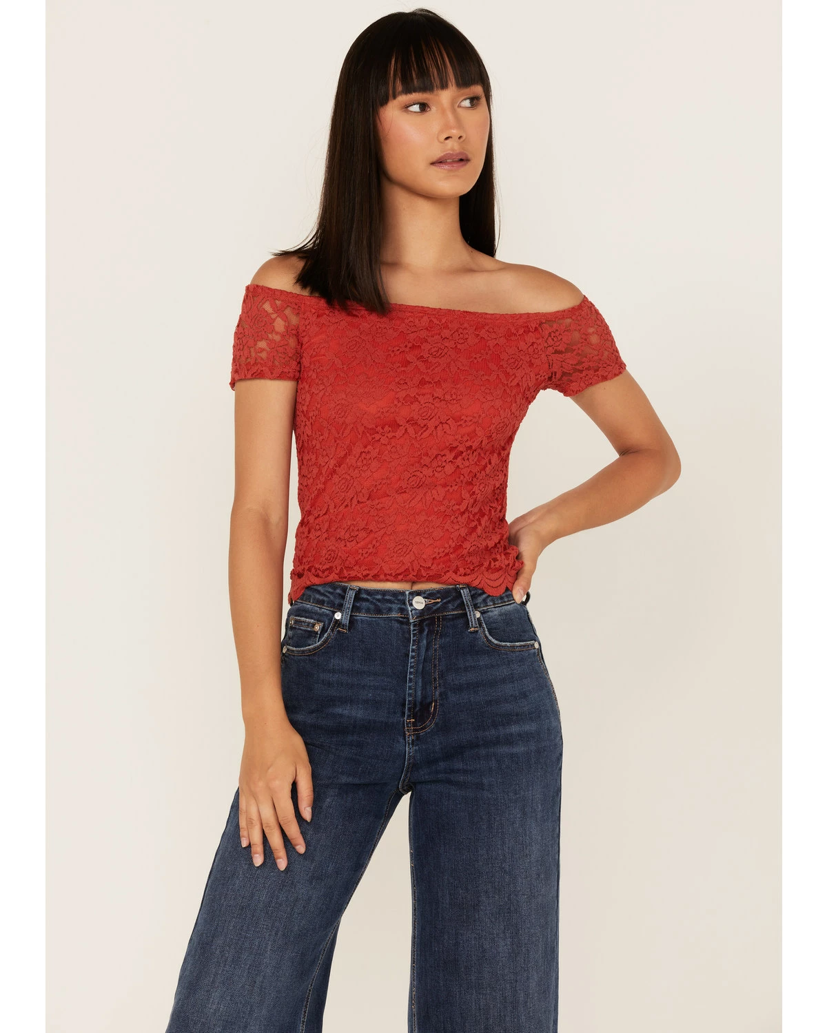Panhandle Women's Floral Lace Off Shoulder Shirt Red 7 Panhandle Women's Floral Lace Off Shoulder Shirt Red - Image 5