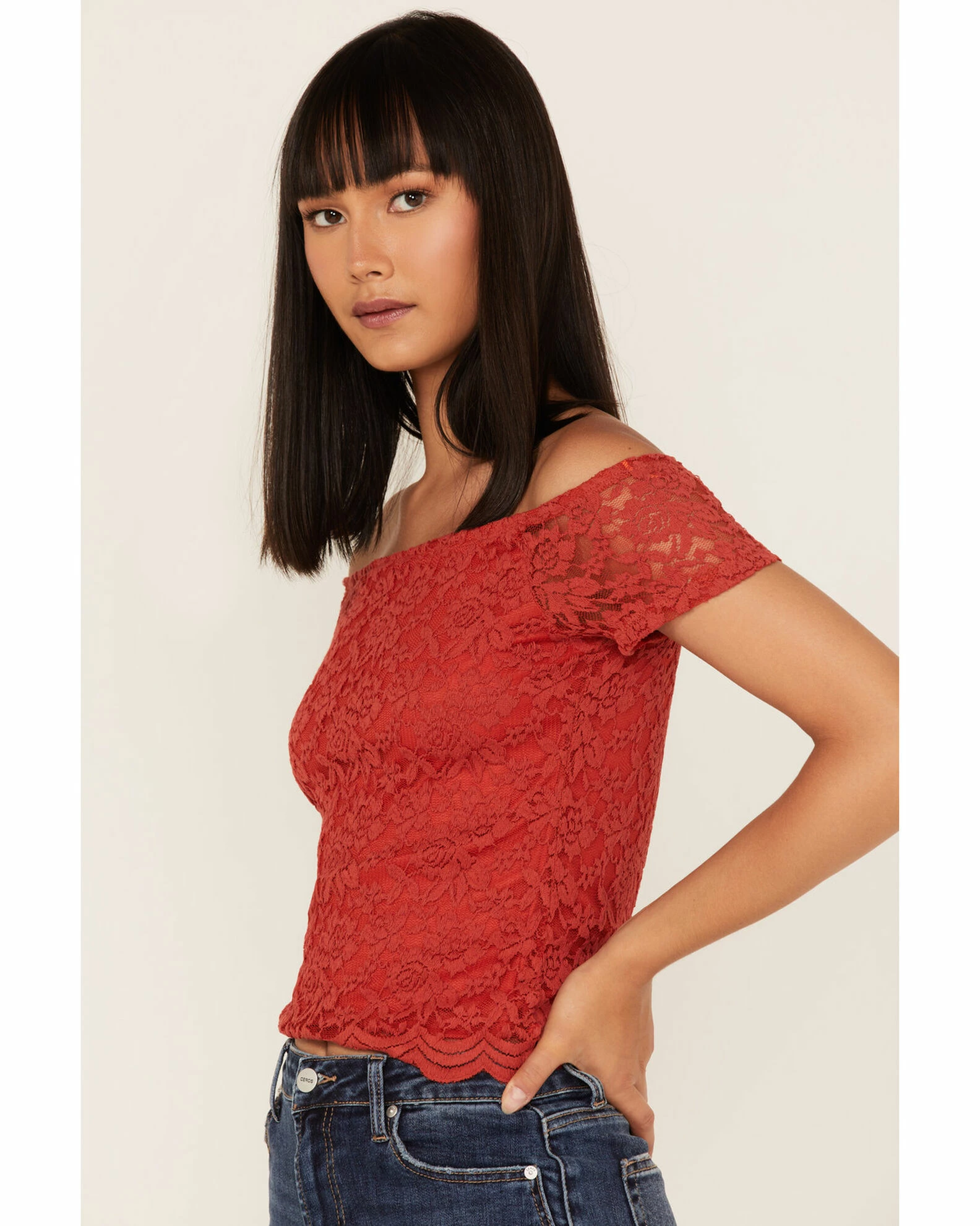 Panhandle Women's Floral Lace Off Shoulder Shirt Red 4 Panhandle Women's Floral Lace Off Shoulder Shirt Red - Image 2