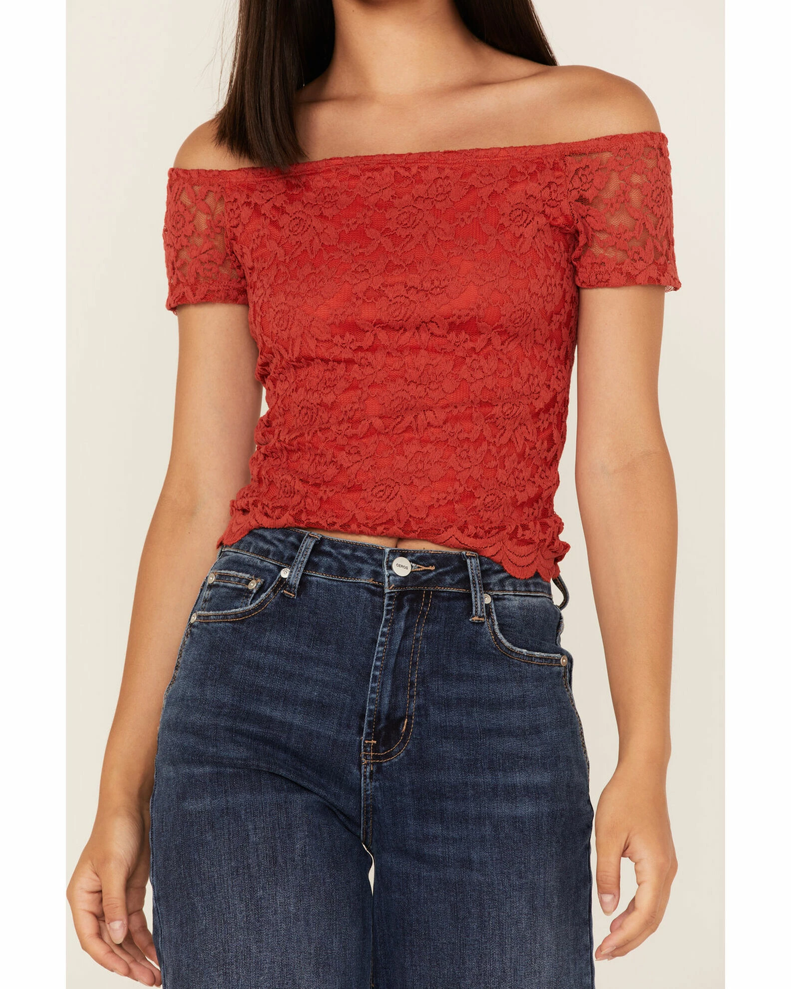 Panhandle Women's Floral Lace Off Shoulder Shirt Red 5 Panhandle Women's Floral Lace Off Shoulder Shirt Red - Image 3