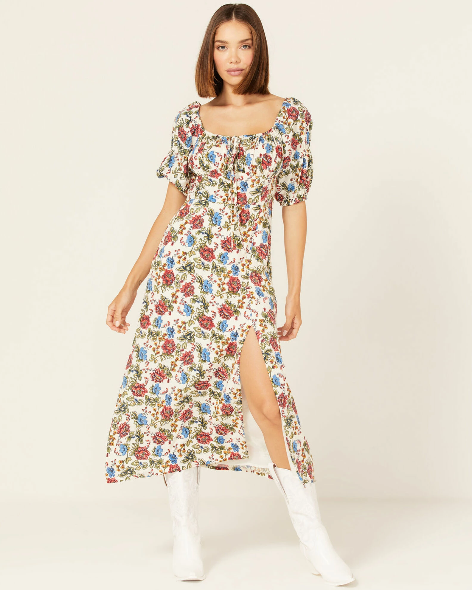 Panhandle Women's Floral Print Puff Sleeve Maxi Dress Red/white/blue 3 Panhandle Women's Floral Print Puff Sleeve Maxi Dress Red/white/blue