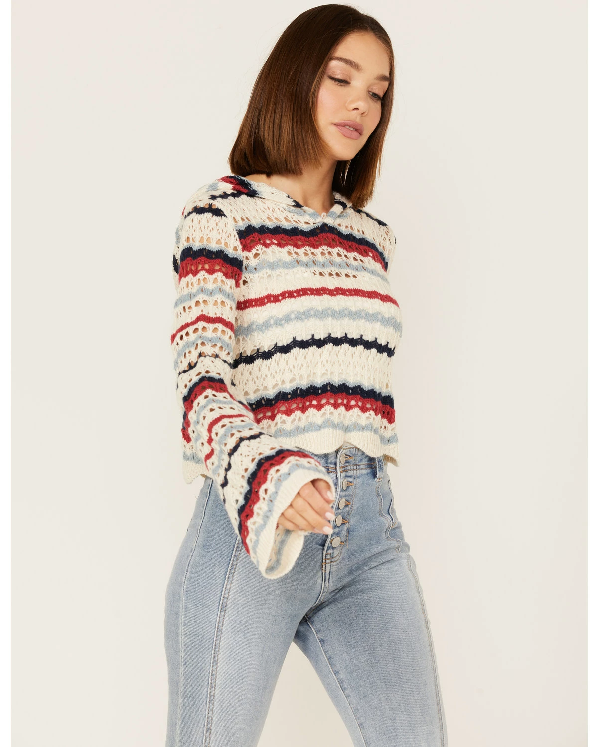 Panhandle Women's Americana Stripe Crochet Knit Hooded Sweater Red/white/blue 6 Panhandle Women's Americana Stripe Crochet Knit Hooded Sweater Red/white/blue - Image 5
