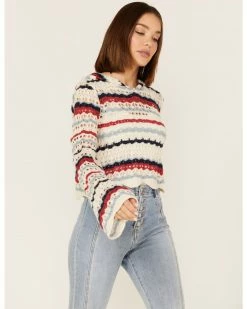 Panhandle Women's Americana Stripe Crochet Knit Hooded Sweater Red/white/blue
