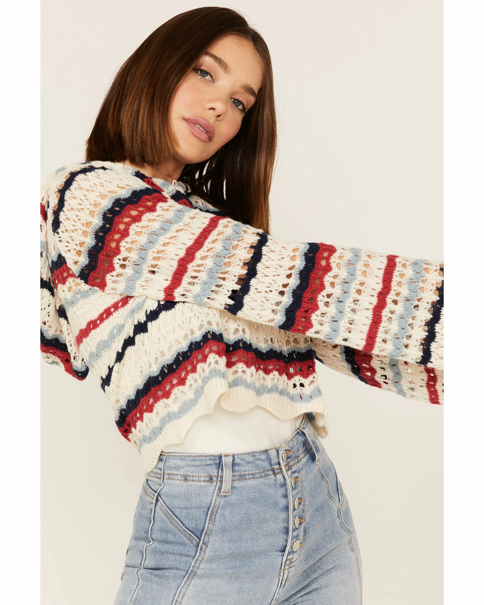 Panhandle Women's Americana Stripe Crochet Knit Hooded Sweater Red/white/blue 3 Panhandle Women's Americana Stripe Crochet Knit Hooded Sweater Red/white/blue - Image 2
