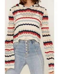 Panhandle Women's Americana Stripe Crochet Knit Hooded Sweater Red/white/blue 8 Panhandle Women's Americana Stripe Crochet Knit Hooded Sweater Red/white/blue -Panhandle shop 2000368514 942 P3