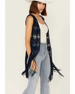 Panhandle Women's Crochet Knit Fringe Vest Navy