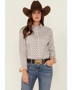 Panhandle Women's Diamond Geo Print Long Sleeve Snap Western Shirt Ivory
