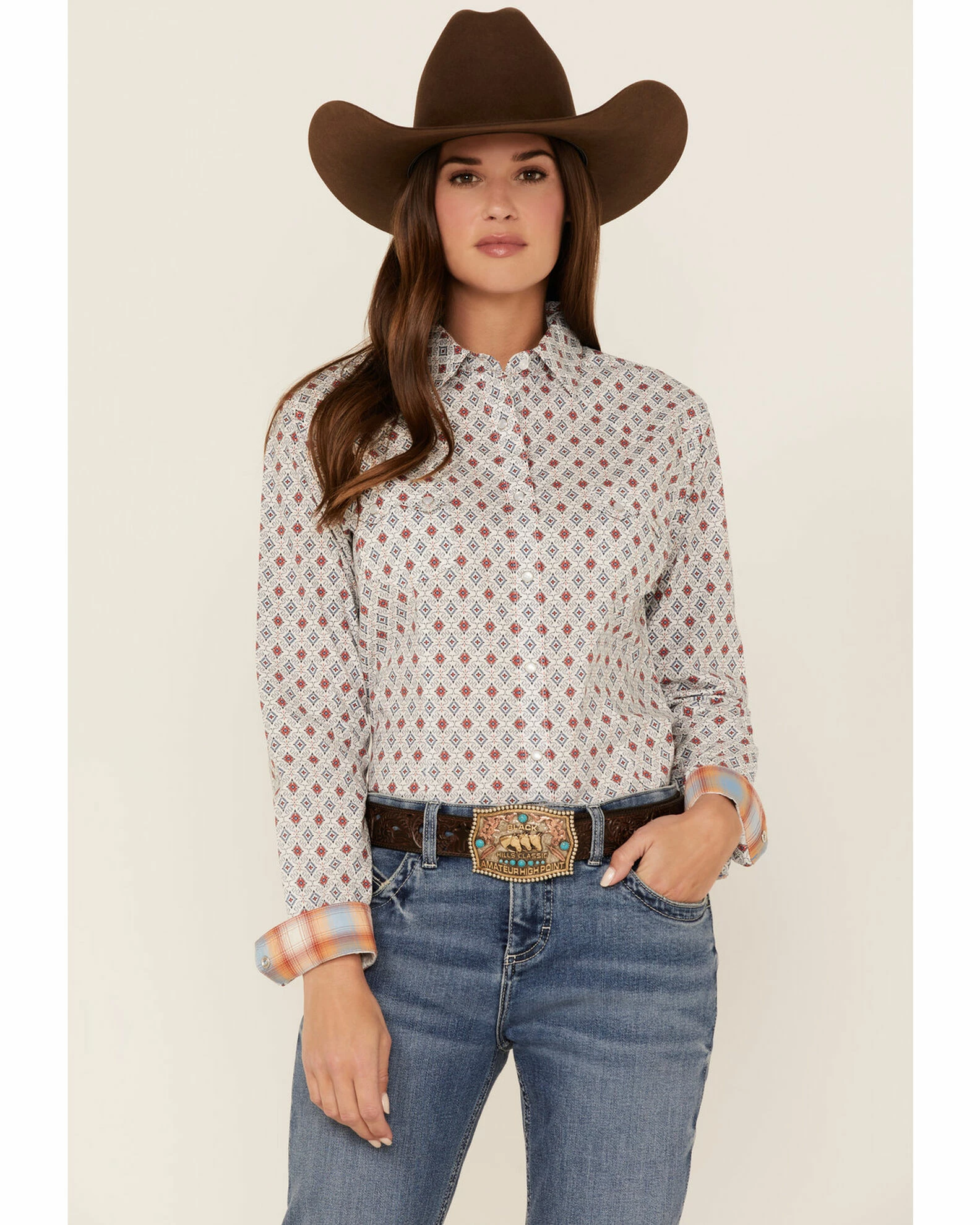 Panhandle Women's Diamond Geo Print Long Sleeve Snap Western Shirt Ivory 3 Panhandle Women's Diamond Geo Print Long Sleeve Snap Western Shirt Ivory