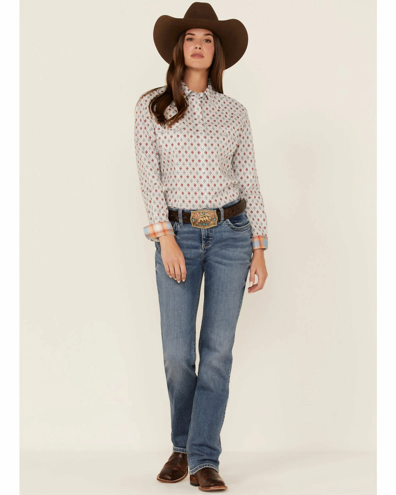 Panhandle Women's Diamond Geo Print Long Sleeve Snap Western Shirt Ivory 4 Panhandle Women's Diamond Geo Print Long Sleeve Snap Western Shirt Ivory - Image 2