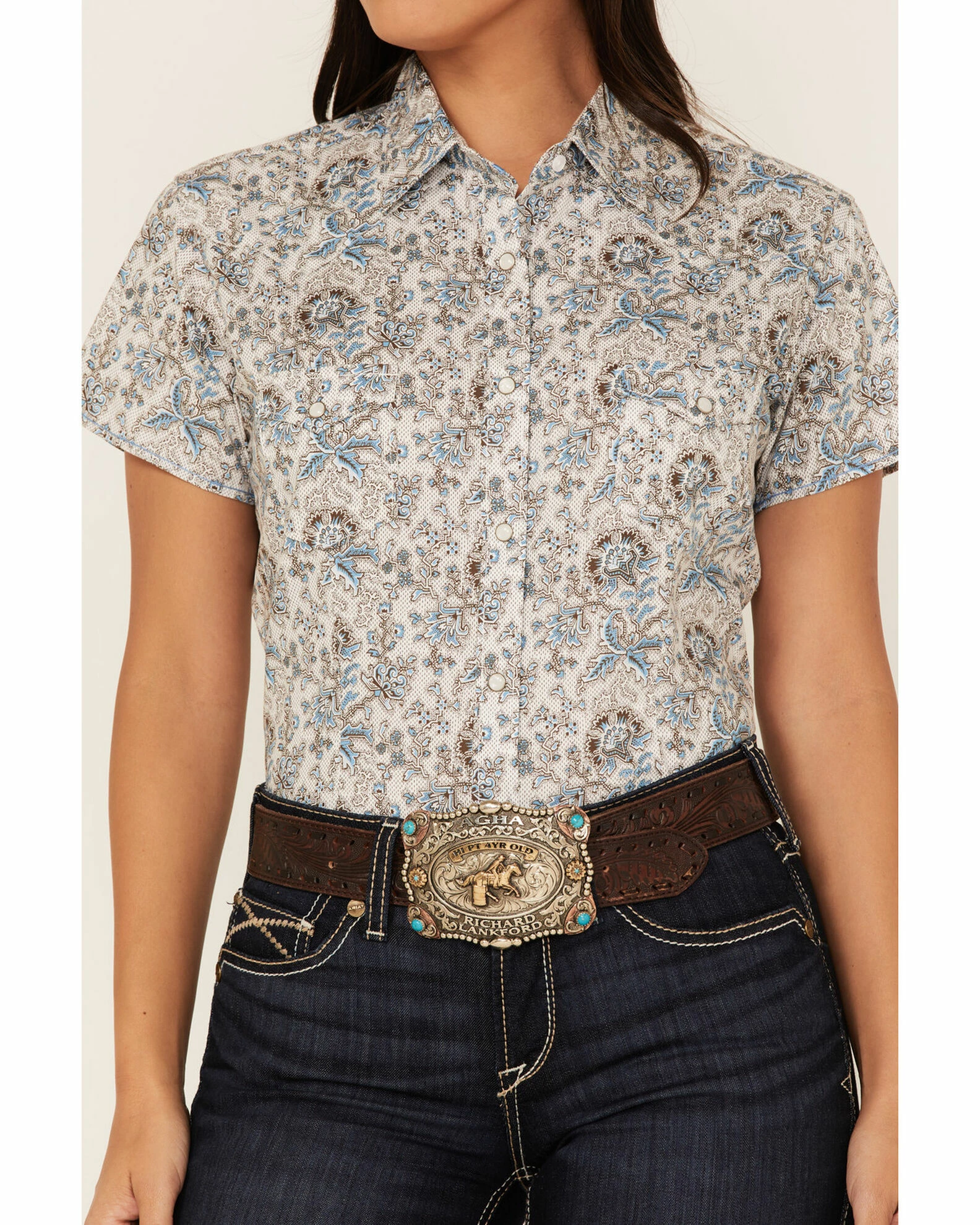 Panhandle Women's Floral Print Short Sleeve Snap Western Shirt Ivory 5 Panhandle Women's Floral Print Short Sleeve Snap Western Shirt Ivory - Image 3