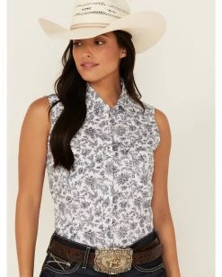 Panhandle Women's Floral Paisley Print Sleeveless Snap Western Core Shirt White -Panhandle shop 2000368523 100 P1 1
