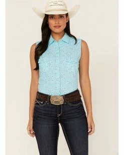 Panhandle Women's Bandana Print Sleeveless Snap Western Shirt Blue