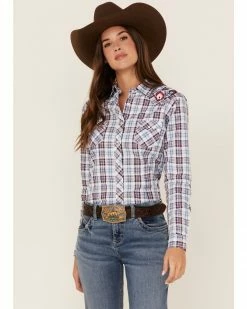 Panhandle Women's Floral Embroidered Dobby Plaid Print Long Sleeve Snap Western Shirt Ivory -Panhandle shop 2000368537 103 P1 1