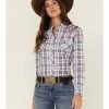 Panhandle Women's Floral Embroidered Dobby Plaid Print Long Sleeve Snap Western Shirt Ivory -Panhandle shop 2000368537 103 P1