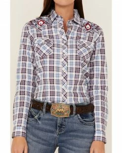 Panhandle Women's Floral Embroidered Dobby Plaid Print Long Sleeve Snap Western Shirt Ivory -Panhandle shop 2000368537 103 P3