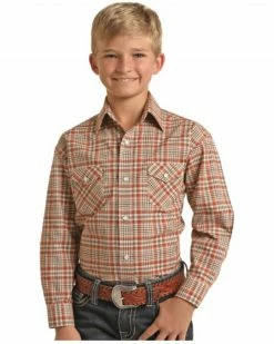 Panhandle Boys' Plaid Print Long Sleeve Snap Stretch Western Shirt Rust Copper