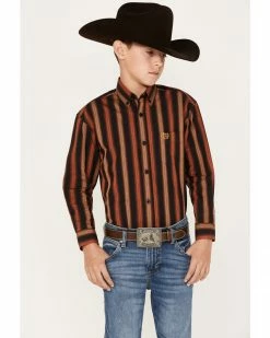 Panhandle Boys' Stripe Print Long Sleeve Button-Down Shirt Rust Copper -Panhandle shop 2000375107 220 P1 1