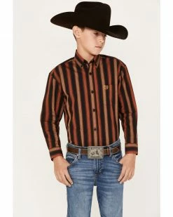 Panhandle Boys' Stripe Print Long Sleeve Button-Down Shirt Rust Copper
