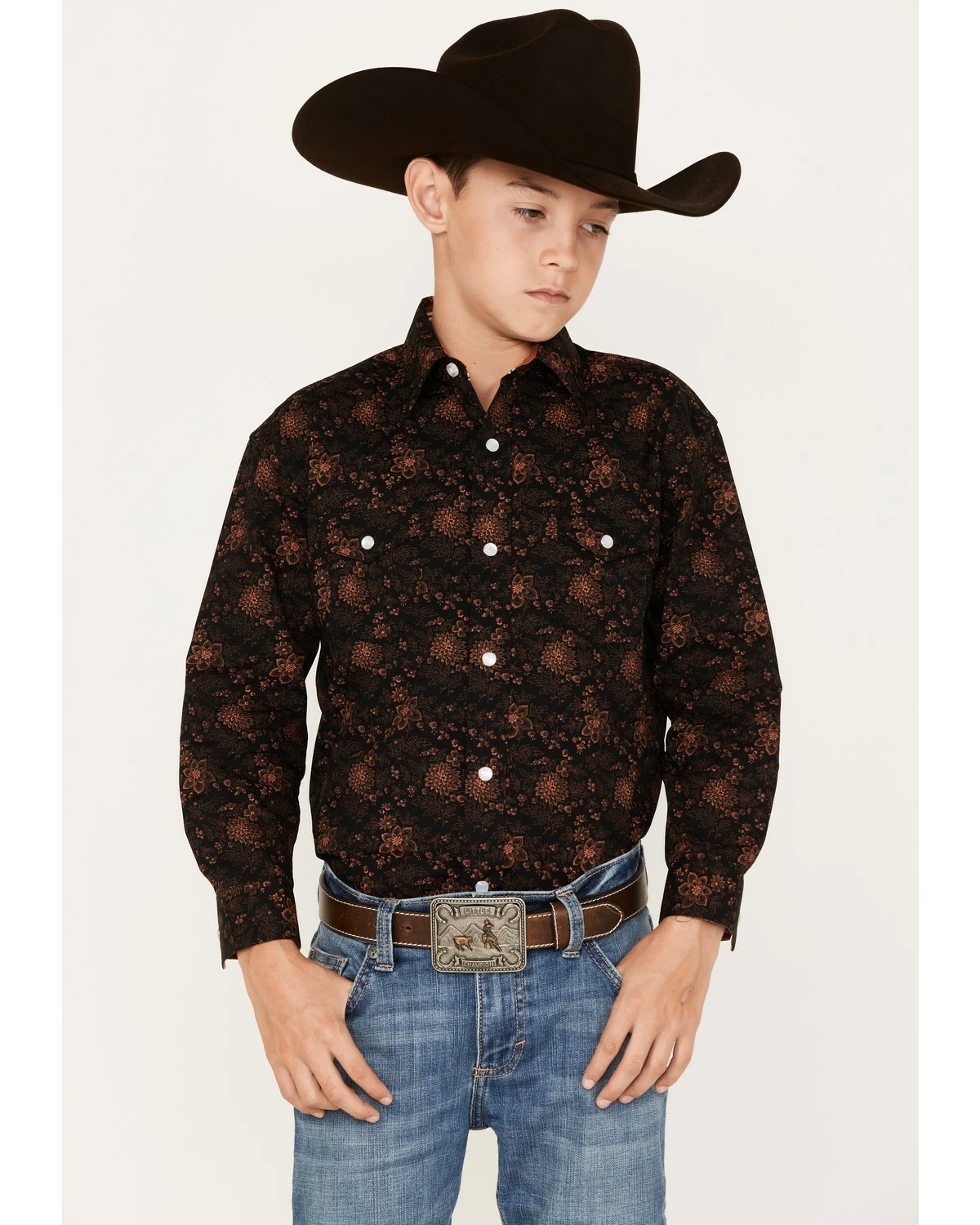 Panhandle Boys' Floral Print Long Sleeve Snap Western Shirt Black 7 Panhandle Boys' Floral Print Long Sleeve Snap Western Shirt Black - Image 5