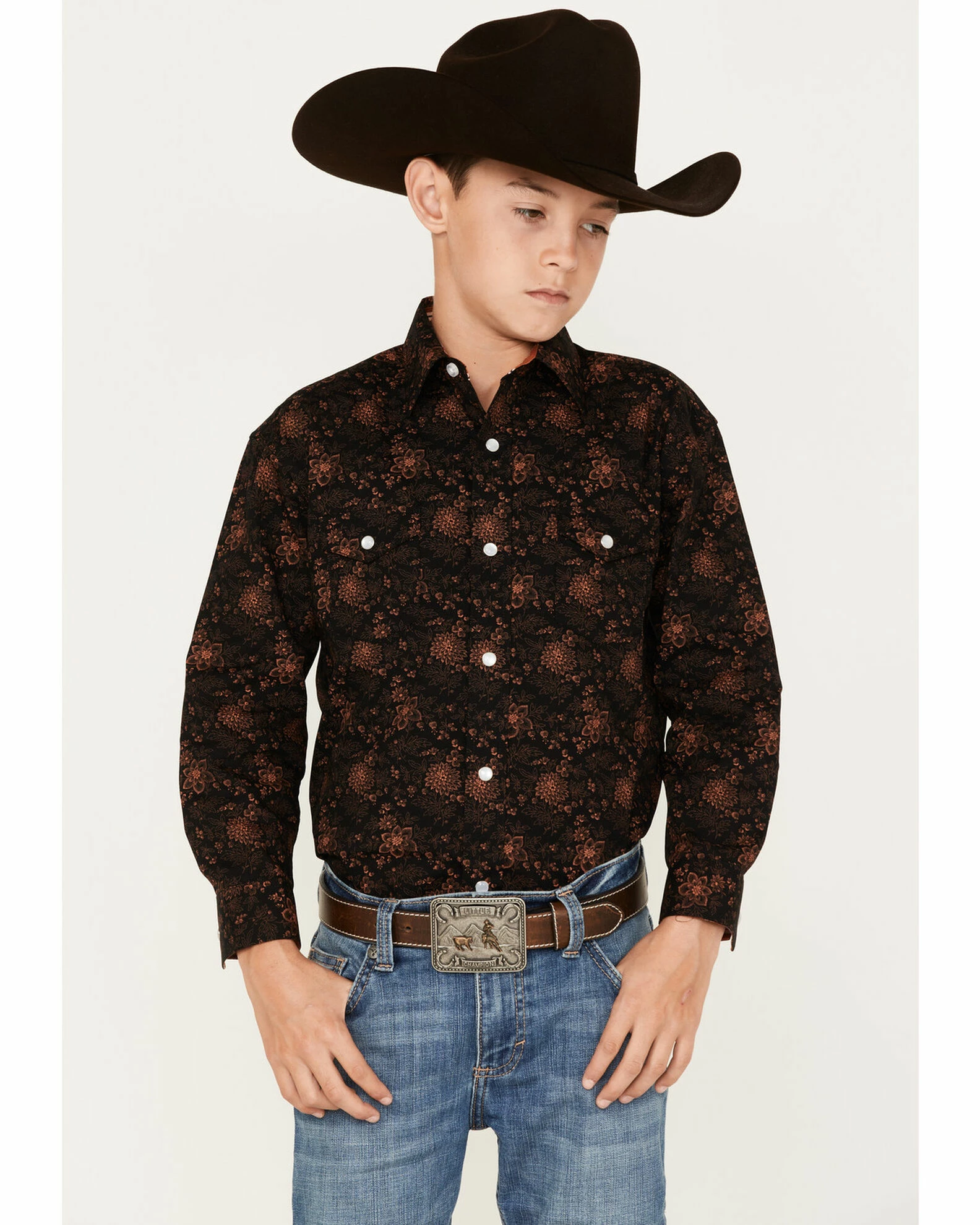 Panhandle Boys' Floral Print Long Sleeve Snap Western Shirt Black 3 Panhandle Boys' Floral Print Long Sleeve Snap Western Shirt Black